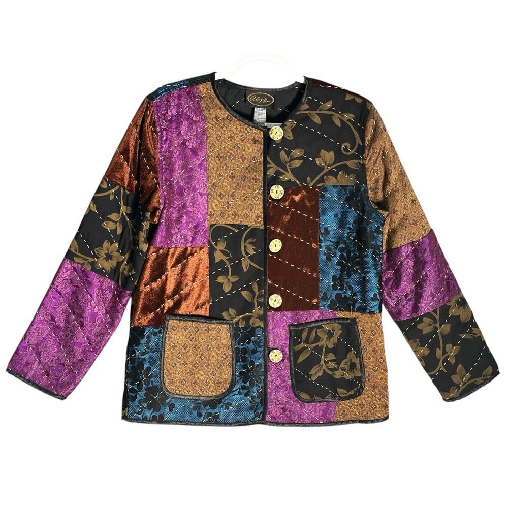 Alex Kin Sz M Vintage Patchwork Quilted Velvet Jacket Floral‎ Art To Wear Artsy